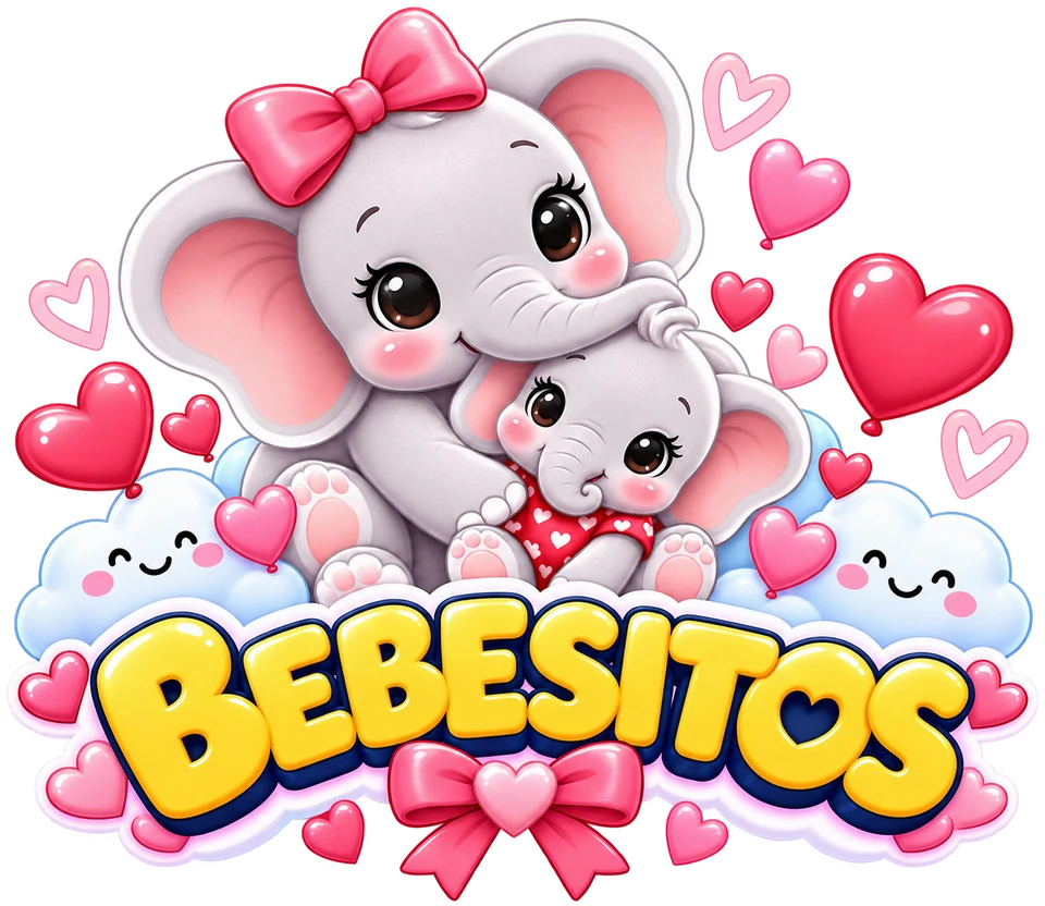 Mamá elefante abraza a su bebé, con el nombre Bebesitos y corazones